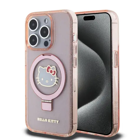 Hello Kitty IML Ringstand Glitter Kitty Head Logo MagSafe Zadní Kryt pro Apple iPhone 15 Pro Max růžová