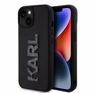 Karl Lagerfeld 3D Rubber Glitter Logo Karl Zadní Kryt pro Apple iPhone 15 černá
