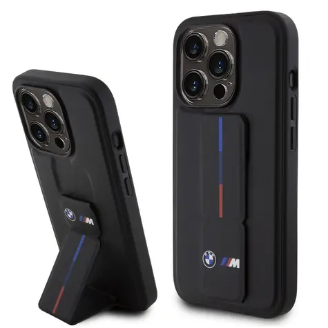 BMW "M" Collection PU Grip Stand Tricolor Line Zadní Kryt pro Apple iPhone 15 Pro černá