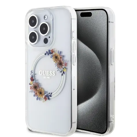 Guess PC/TPU Flowers Ring Glossy Logo MagSafe Zadní Kryt pro Apple iPhone 15 Pro Max čirá
