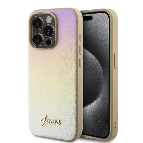 Guess PU Leather Iridescent Metal Script Zadní Kryt pro Apple iPhone 15 Pro Max zlatá