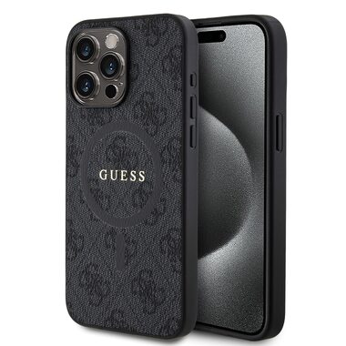 Guess PU Leather 4G Colored Ring MagSafe Zadní Kryt pro Apple iPhone 15 Pro Max černá
