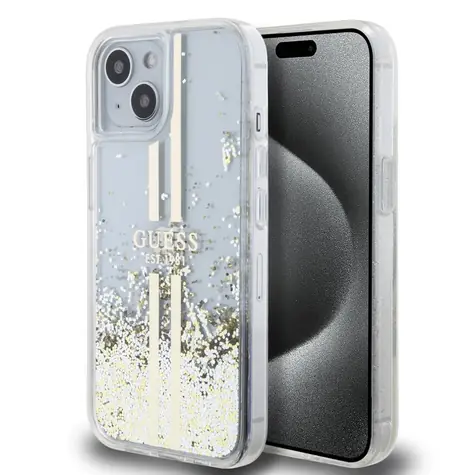 Guess PC/TPU Liquid Glitter Gold Stripe Zadní Kryt pro Apple iPhone 15 Plus čirá