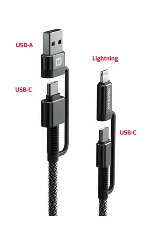 SWISSTEN ARAMID REINFORCED datový kabel 4v1 USB-C (M) - USB-A (M) - Lightning (M) 1.5m černá / 60W / 3A 