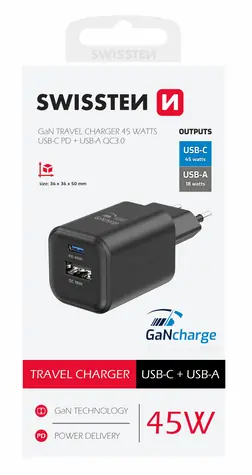 SWISSTEN Síťový adaptér GaN USB-C/USB-A černá / 45W / QC / PD