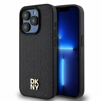 DKNY PU Leather Repeat Pattern Stack Logo Magsafe Zadní Kryt pro Apple iPhone 15 Pro Max černá