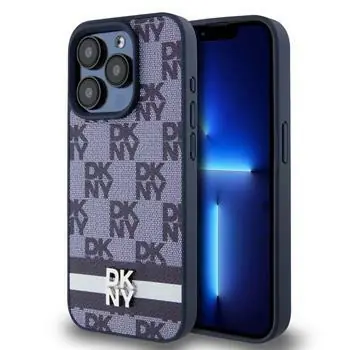 DKNY PU Leather Checkered Pattern and Stripe Zadní Kryt pro Apple iPhone 15 Pro modrá