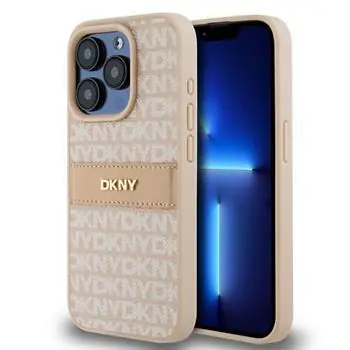 DKNY PU Leather Repeat Pattern Tonal Stripe Zadní Kryt pro Apple iPhone 15 Pro růžová