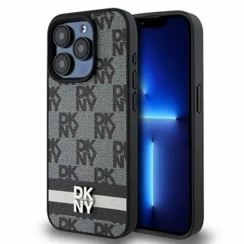 DKNY PU Leather Checkered Pattern and Stripe Zadní Kryt pro Apple iPhone 14 Pro Max černá
