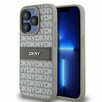 DKNY PU Leather Repeat Pattern Tonal Stripe Zadní Kryt pro Apple iPhone 14 Pro Max béžová