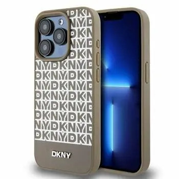 DKNY PU Leather Repeat Pattern Bottom Stripe MagSafe Zadní Kryt pro Apple iPhone 14 Pro Max hnědá