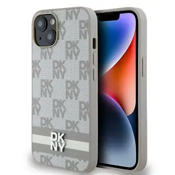 DKNY PU Leather Checkered Pattern and Stripe Zadní Kryt pro Apple iPhone 14 béžová