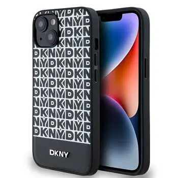 DKNY PU Leather Repeat Pattern Bottom Stripe MagSafe Zadní Kryt pro Apple iPhone 14 černá