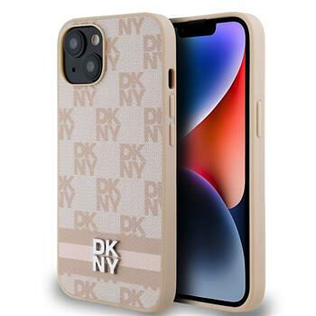 DKNY PU Leather Checkered Pattern and Stripe Zadní Kryt pro Apple iPhone 13 růžová