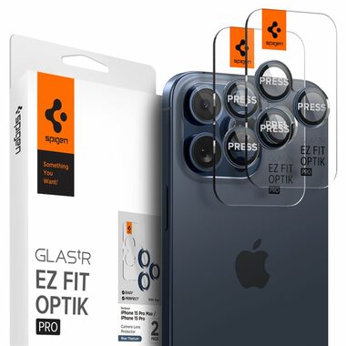 Spigen Glass tR EZ Fit Optik Pro ochranné sklo na fotoaparát pro Apple iPhone 15 Pro & 15 Pro Max 2ks modrá