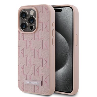 Karl Lagerfeld PU Leather Monogram Metal Logo Magsafe Zadní Kryt pro Apple iPhone 15 Pro Max růžová