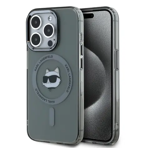 Karl Lagerfeld IML Choupette Head Metal Frame MagSafe Zadní Kryt pro Apple iPhone 15 Pro Max černá