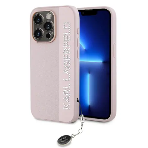 Karl Lagerfeld PU Saffiano Rhinestone Charm Zadní Kryt pro Apple iPhone 15 Pro Max růžová