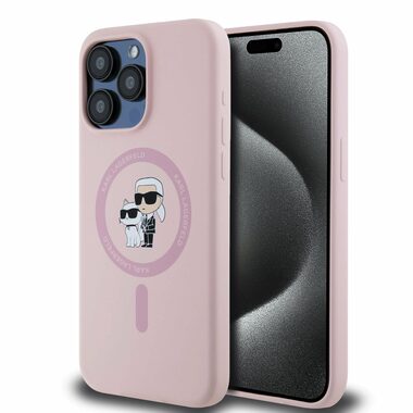 Karl Lagerfeld Liquid Silicone Karl and Choupette Magsafe Zadní Kryt pro Apple iPhone 15 Pro Max růžová