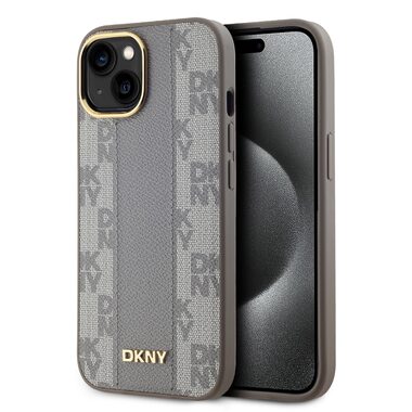 DKNY PU Leather Checkered Pattern Magsafe Zadní Kryt pro Apple iPhone 15 béžová