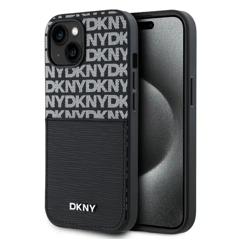 DKNY PU Leather Repeat Pattern Card Pocket Zadní Kryt pro Apple iPhone 15 černá