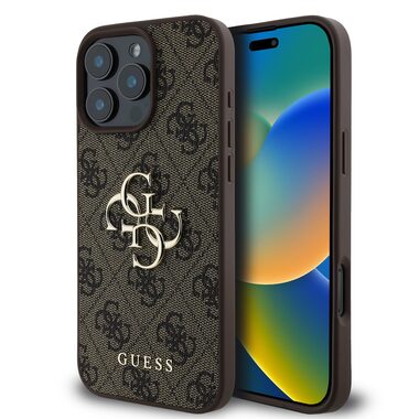 Guess PU 4G Metal Logo Zadní Kryt pro Apple iPhone 16 Pro hnědá