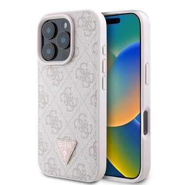 Guess PU 4G Strass Triangle Metal Logo Zadní Kryt pro Apple iPhone 16 Pro růžová