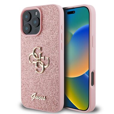 Guess PU Fixed Glitter 4G Metal Logo Zadní Kryt pro Apple iPhone 16 Pro růžová