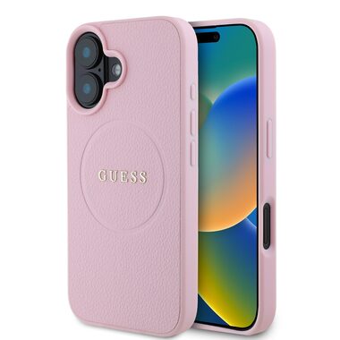 Guess PU Grained Classic Logo MagSafe Zadní Kryt pro Apple iPhone 16 růžová