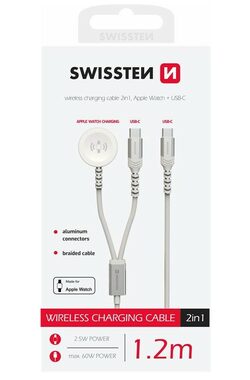 SWISSTEN Magnetický kabel pro Apple Watch a USB-C 1.2m bílá / USB-C / 2v1 / 60W / opletený