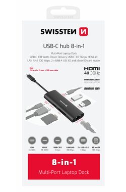 SWISSTEN USB-C HUB 8-IN-1 / USB-C PD / USB-C 3.0 / 2x USB 3.0 / LAN / HDMI / SD / MicroSD / hliník