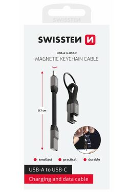 SWISSTEN Magnetický keychain kabel USB-A (F) - USB-C (M) 9.7cm / 15W