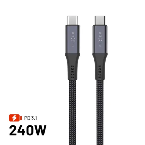 FIXED Dlouhý nabíjecí a datový opletený kabel s konektory USB-C/USB-C PD 3.1 2 m USB4gen2 20Gbps 4K60Hz 240W šedý