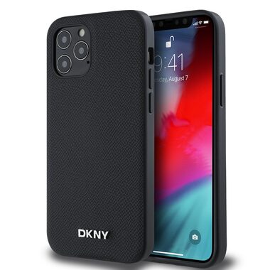 DKNY PU Leather Silver Metal Logo Magsafe Zadní Kryt pro Apple iPhone 12/12 Pro černá
