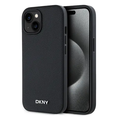 DKNY PU Leather Silver Metal Logo Magsafe Zadní Kryt pro Apple iPhone 13 černá