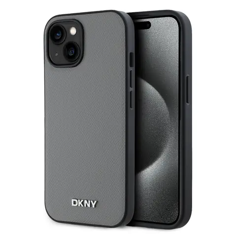 DKNY PU Leather Silver Metal Logo Magsafe Zadní Kryt pro Apple iPhone 14 šedá