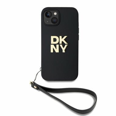 DKNY PU Leather Stack Logo Wrist Strap Zadní Kryt pro Apple iPhone 13 černá