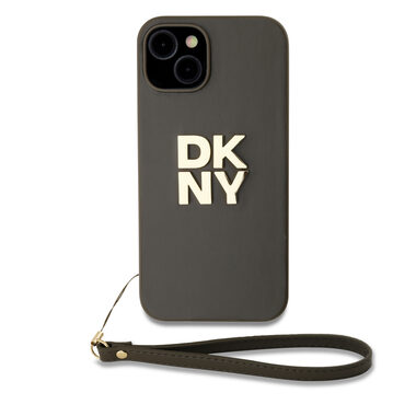 DKNY PU Leather Stack Logo Wrist Strap Zadní Kryt pro Apple iPhone 13 hnědá