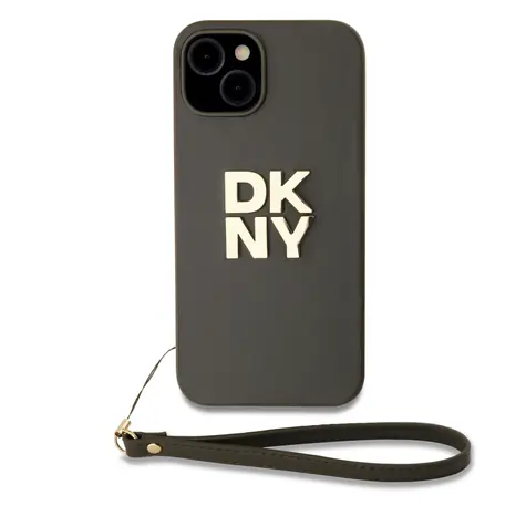 DKNY PU Leather Stack Logo Wrist Strap Zadní Kryt pro Apple iPhone 14 hnědá