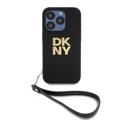 DKNY PU Leather Stack Logo Wrist Strap Zadní Kryt pro Apple iPhone 14 Pro Max černá