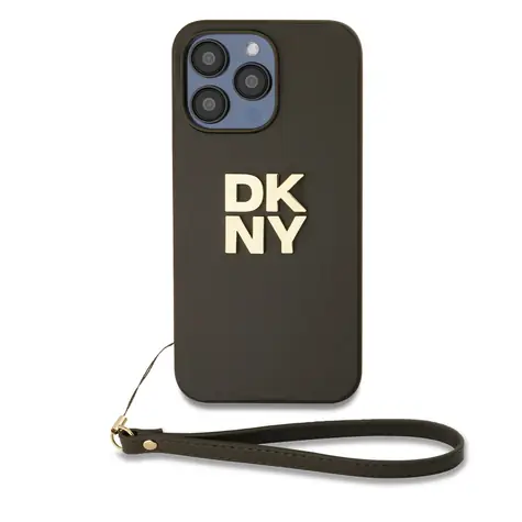 DKNY PU Leather Stack Logo Wrist Strap Zadní Kryt pro Apple iPhone 14 Pro Max hnědá