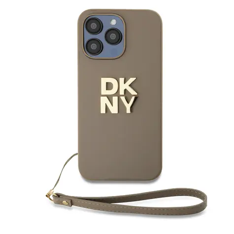 DKNY PU Leather Stack Logo Wrist Strap Zadní Kryt pro Apple iPhone 15 Pro Max béžová