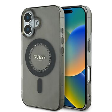 Guess IML Rhinestones Ring MagSafe Zadní Kryt pro Apple iPhone 16 černá