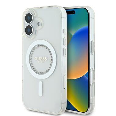 Guess IML Rhinestones Ring MagSafe Zadní Kryt pro Apple iPhone 16 bílá