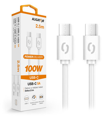 Aligator Datový kabel POWER 100W / USB-C/USB-C 5A / 2.5m bílý