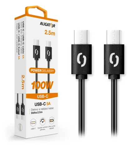Aligator Datový kabel POWER 100W / USB-C/USB-C 5A / 2.5m černý
