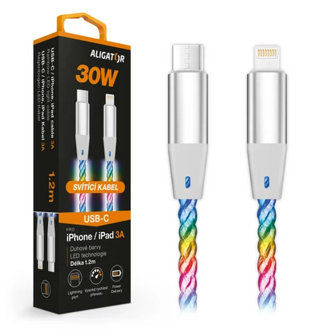 Aligator Datový kabel POWER 3A 30W / USB-C/Lightning / 1 / 2m svítící