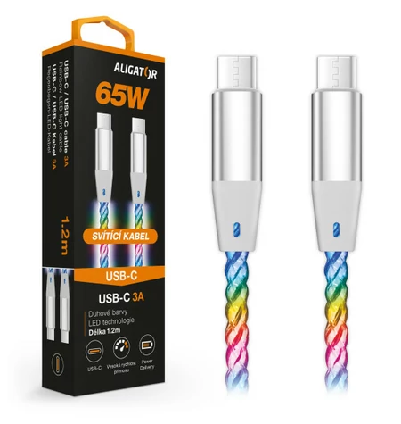 Aligator Datový kabel POWER 3A 65W / USB-C/USB-C / 1.2m svítící