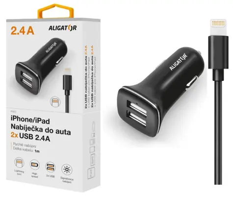 Aligator Nabíječka do auta pro iPh 5/6/7/8 s 2xUSB výstupem 2 / 4A / Turbo charge / černá