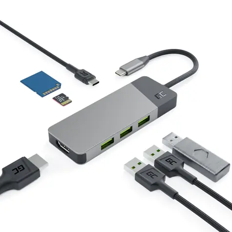 Green Cell GC Connect HUB USB-C PD 85W / hub 7-port / 15cm / 3xUSB-A / 1xUSB-C / 1xHDMI / 1xSD / 1xmicroSD / 4K